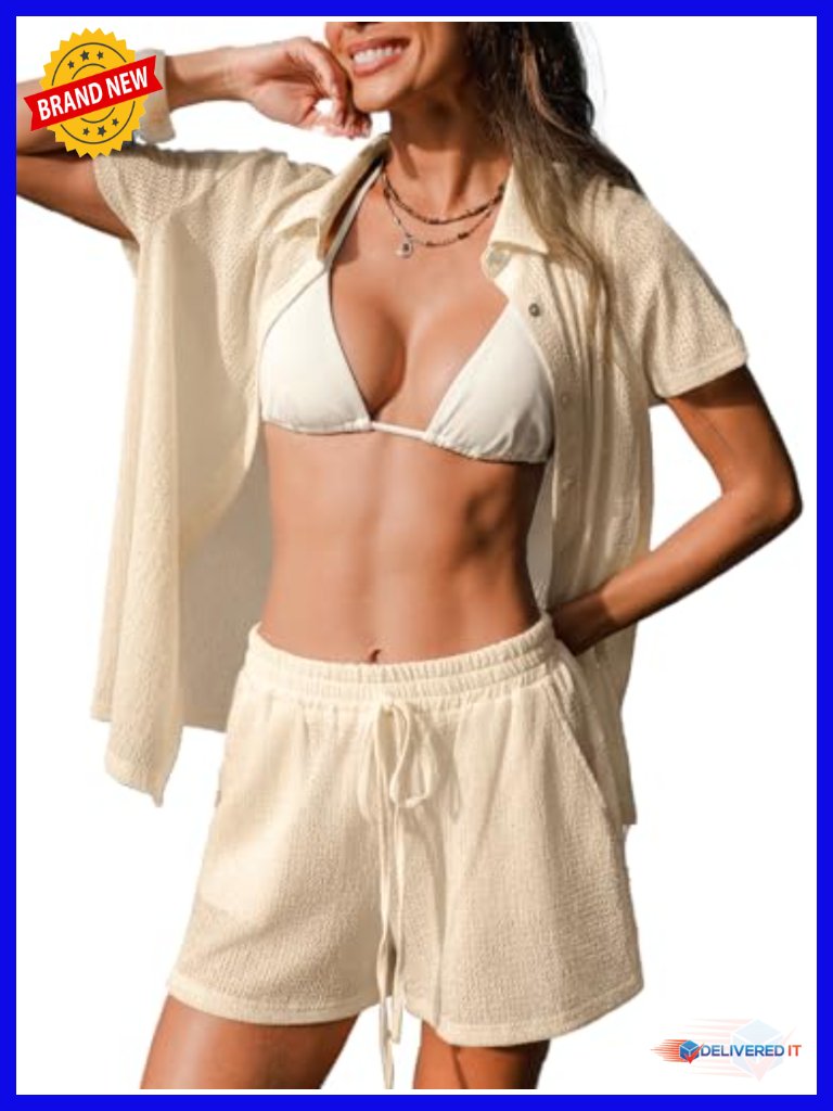 Button Down Semi Sheer Beach Cover Up Shirt Short Sleeve